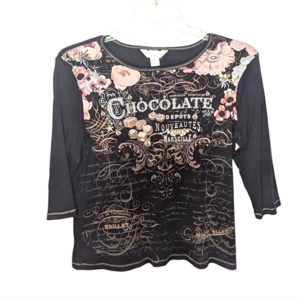 C&B petite Y2K chocolate factory floral quarter sleeve womans shirt petite Large